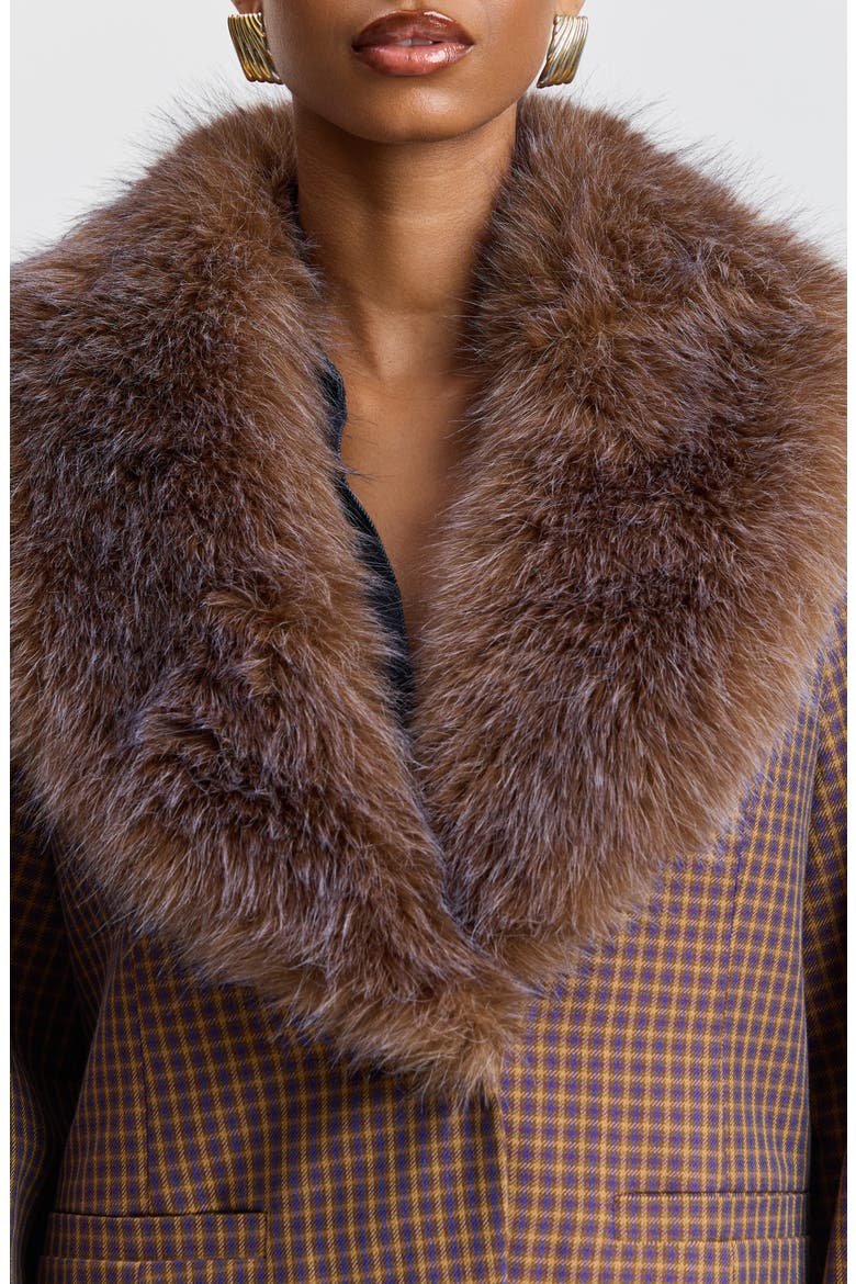 Faux Fur Trim Oversized Blazer, Alternate, color, PURPLE/ CAMEL PLAID