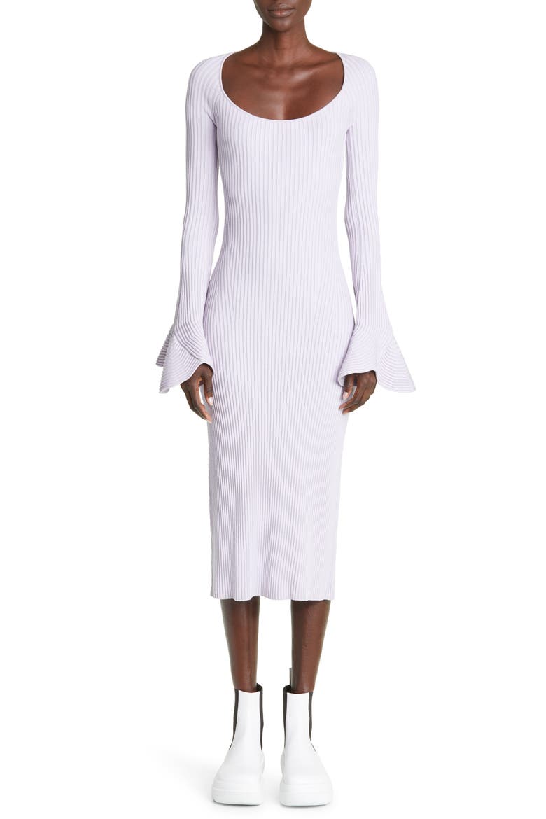 Fluted Long Sleeve Rib Sweater Dress, Main, color, LAVENDER