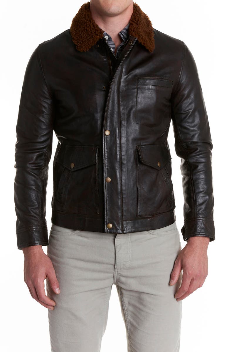 Billy Reid West Village Genuine Shearling Collar Lambskin Jacket, Main, color, 