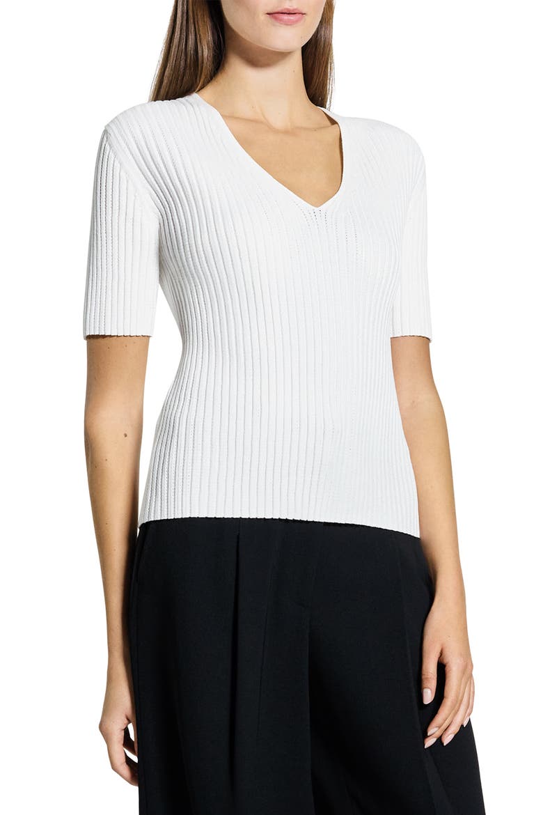 V-Neck Rib Pointelle Sweater, Alternate, color, WHITE