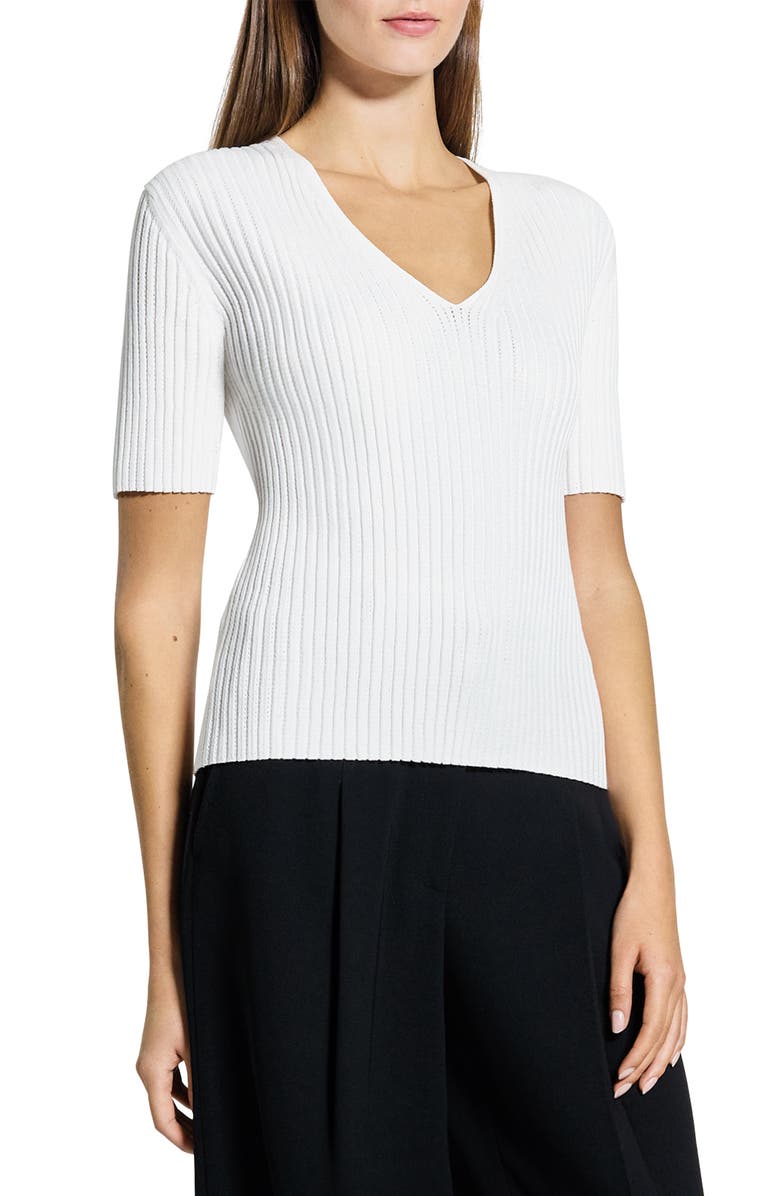 Theory V-Neck Rib Pointelle Sweater, Alternate, color, White