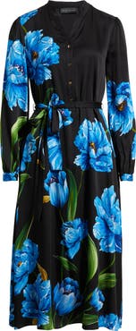 Elie Tahari The Mila Placed Floral Long Sleeve Silk Blend Midi Dress