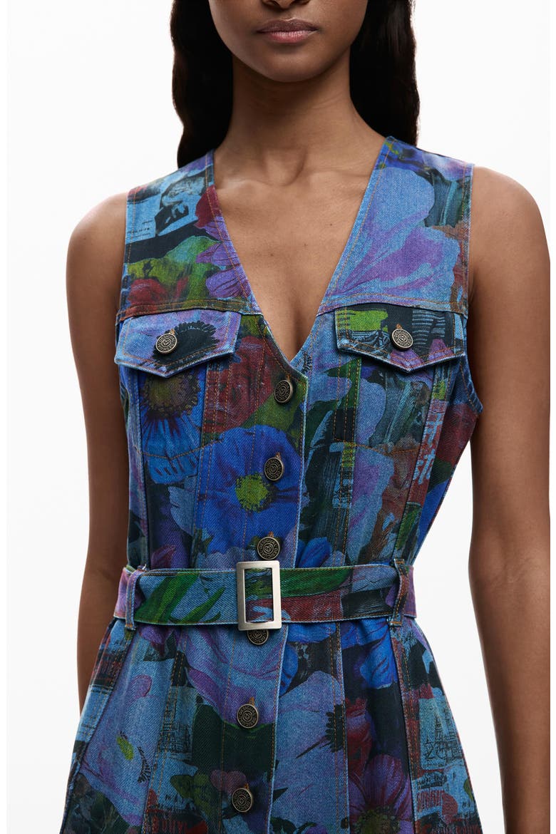Floral Print Denim Minidress, Alternate, color, DARK BLUE