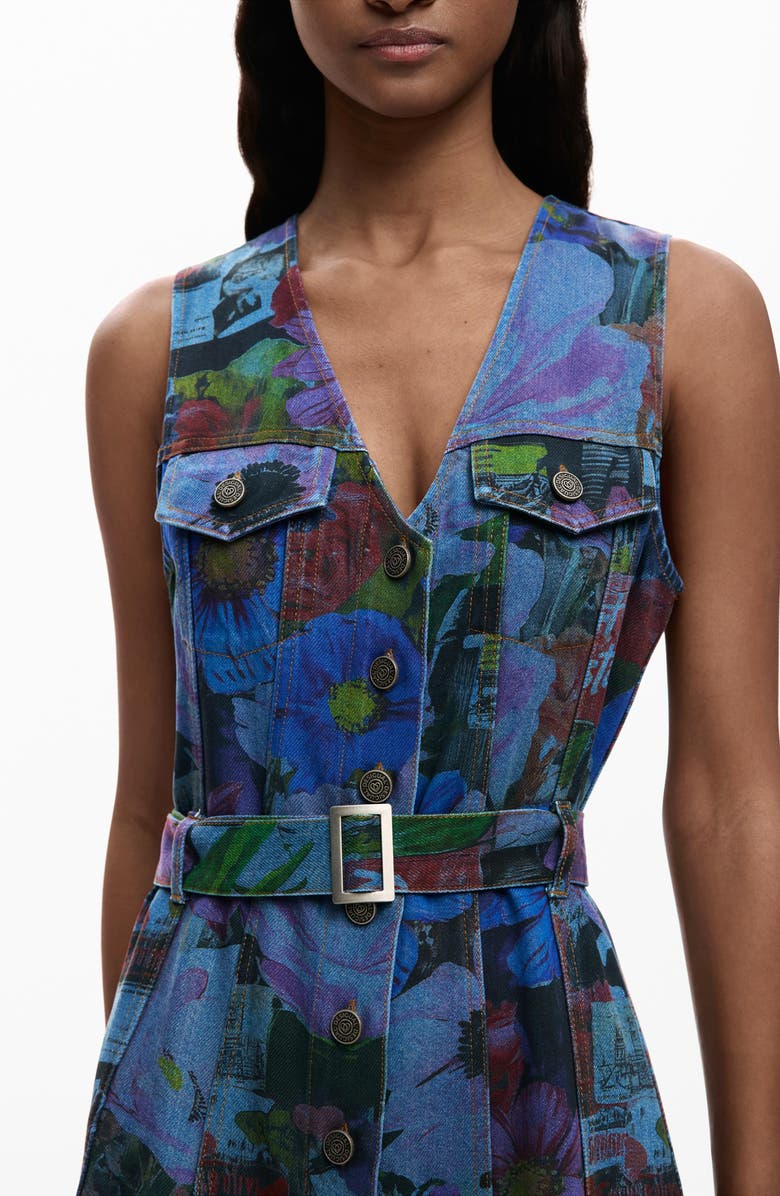 Desigual Floral Print Denim Minidress, Alternate, color, Dark Blue