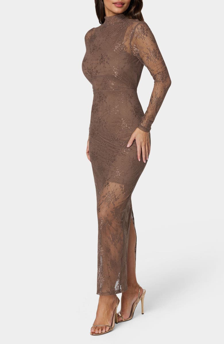 bebe Illusion Lace Long Sleeve Body-Con Dress, Alternate, color, Chocolate