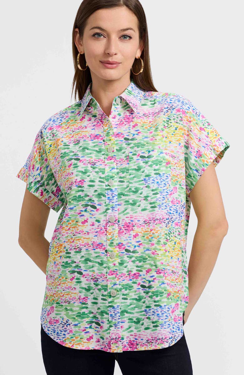 Foxcroft Abigail Short Sleeve Linen Blend Button-Up Shirt, Alternate, color, Green Multi