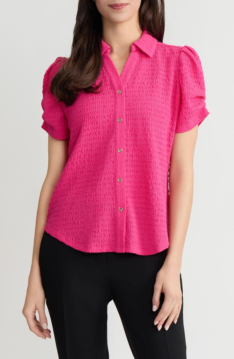 KASPER Pleat Sleeve Ridge Knit Button-Up Shirt, Main, color, Pink Perfection