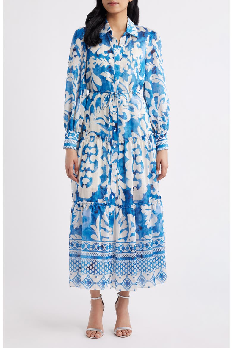 Mixed Print Long Sleeve Tiered Shirtdress, Main, color, BLUE MULTI