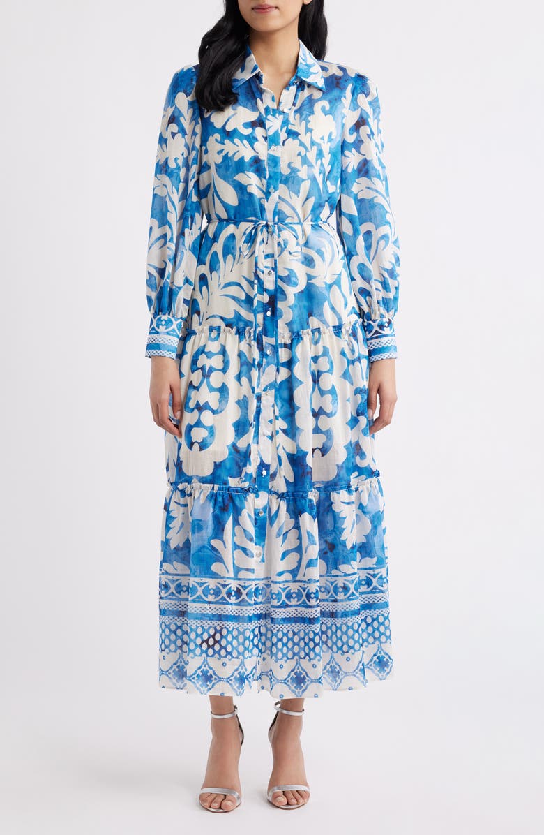 Julia Jordan Mixed Print Long Sleeve Tiered Shirtdress, Main, color, Blue Multi