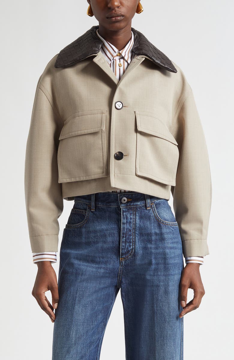 Bottega Veneta Cotton Blend Twill Crop Jacket with Removable Intrecciato Leather Collar, Main, color, 