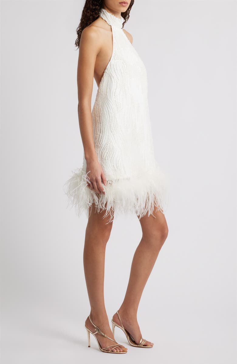 Delfi Collective Jenny Beaded Feather Trim Cocktail Minidress, Alternate, color, White Pearl