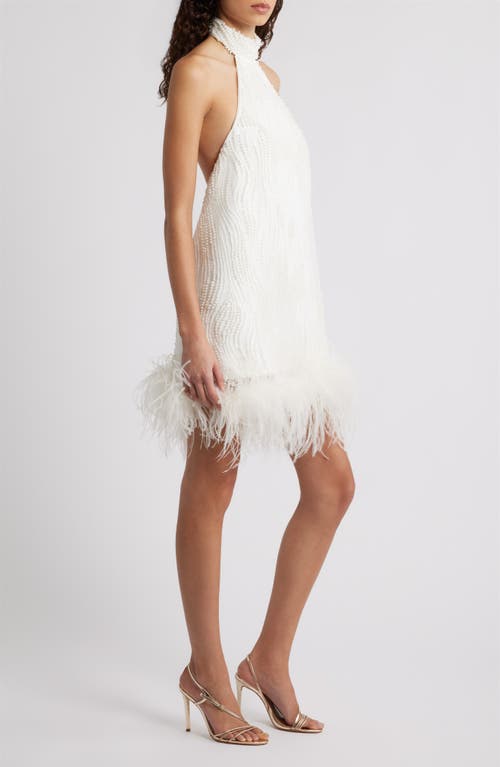 Delfi Collective Jenny Beaded Feather Trim Cocktail Minidress In White