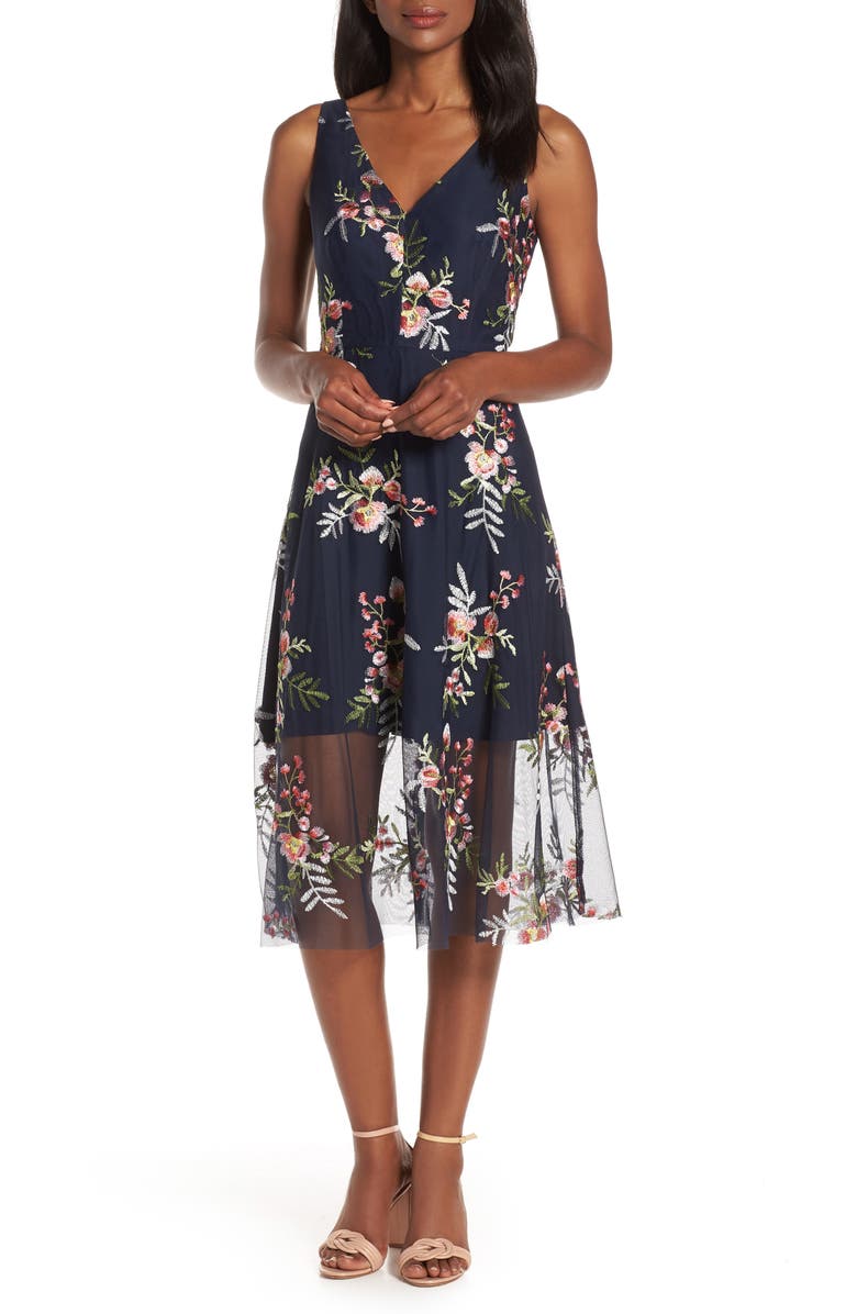 Vince Camuto Floral Embroidered Mesh Midi Dress, Main, color,
