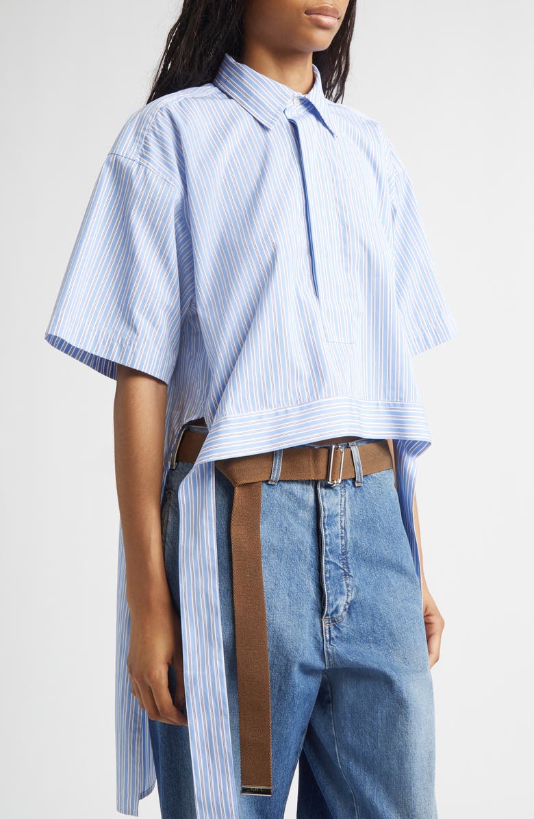 PLAN C Stripe High-Low Cotton Pullover Shirt, Alternate, color, Blue Stripes Base White