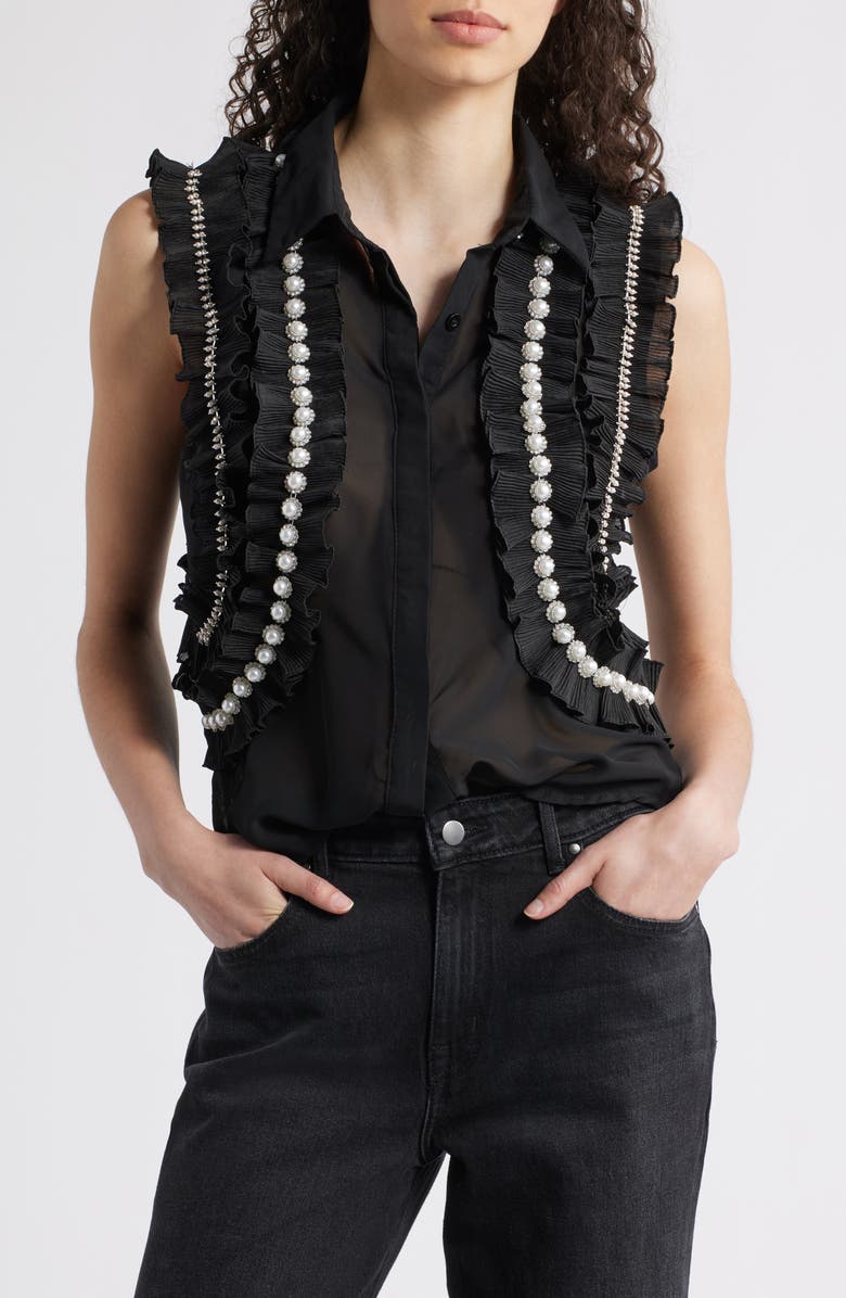 NIKKI LUND Maite Embellished Ruffle Sleeveless Shirt, Main, color, Black