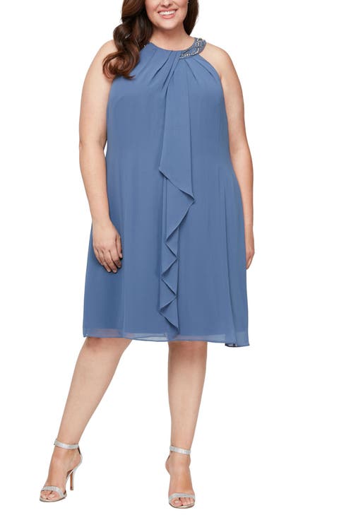 Braid Beaded Neck Chiffon Cascade Ruffle Dress (Plus)