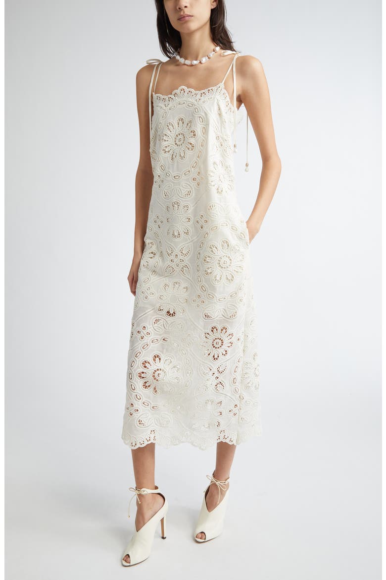 Rhiannon Guipure Lace Trim Cotton Midi Dress, Main, color, IVORY