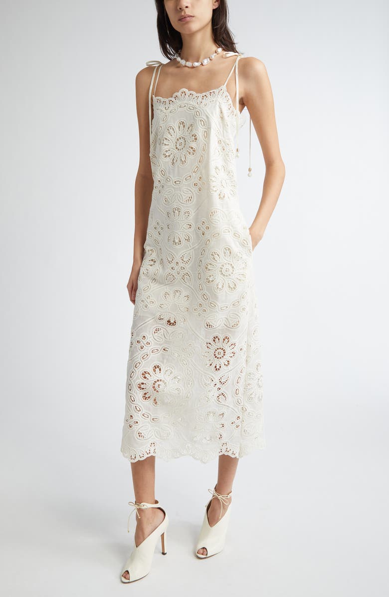 Zimmermann Rhiannon Guipure Lace Trim Cotton Midi Dress, Main, color, Ivory