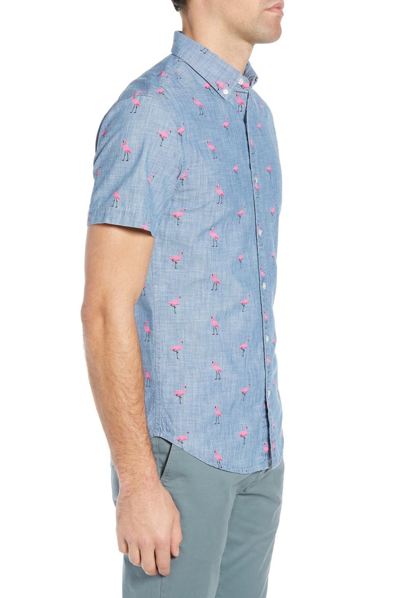 Riviera Slim Fit Flamingo Print Sport Shirt, Alternate, color, CHAMBRAY FLAMINGO - PINK