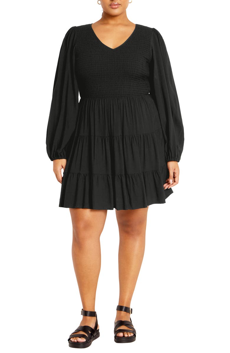 City Chic Jemma Smocked Bodice Long Sleeve Dress, Main, color,