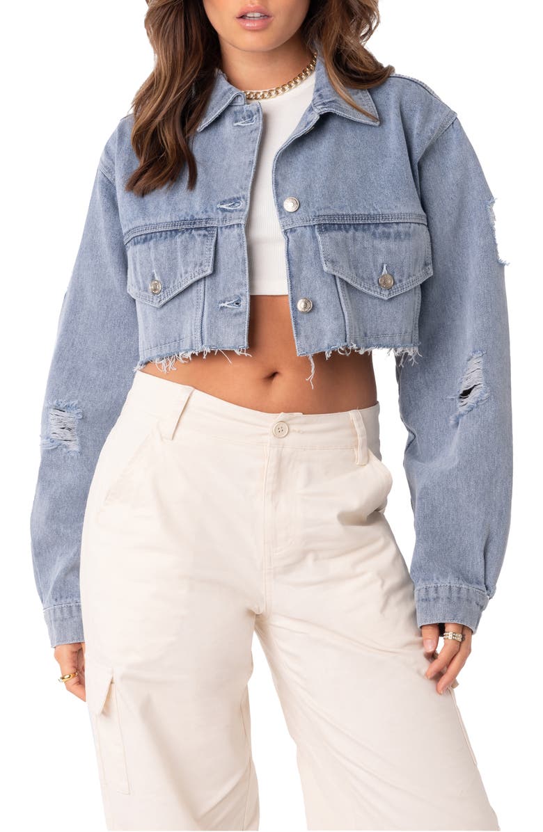 EDIKTED Addison Crop Denim Jacket, Main, color, 