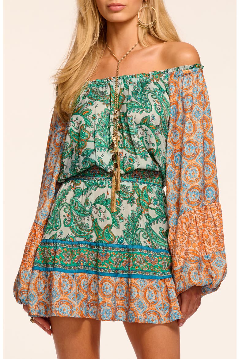 Claudine Off the Shoulder Long Sleeve Minidress, Alternate, color, BRIGHT PALM PATCHWORK