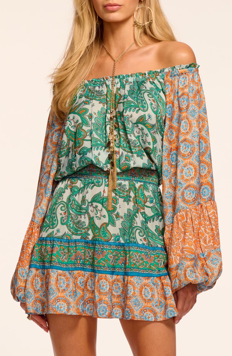 Ramy Brook Claudine Off the Shoulder Long Sleeve Minidress, Alternate, color, Bright Palm Patchwork
