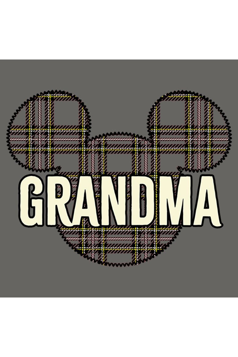 Junior's Mickey & Friends Grandma Plaid Logo  Sweatshirt, Alternate, color, Gray Heather