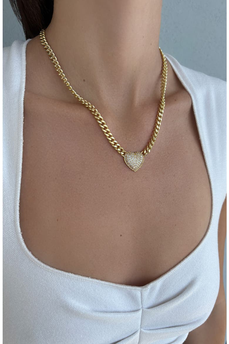 14K Gold Plated Pavé Cubic Zirconia Heart Pendant Necklace, Alternate, color, GOLD