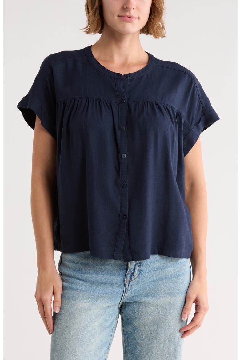 Short Sleeve Button-Up Top, Main, color, NAVY BLUE