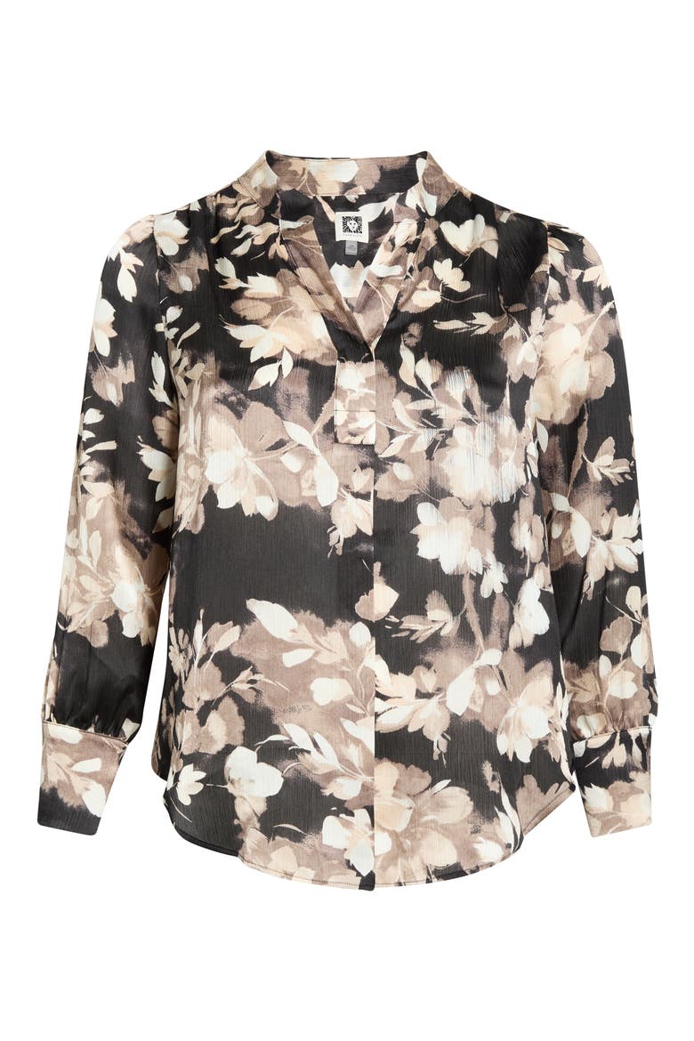 Pleat Front Floral Top, Alternate, color, ANNE BLACK/ LATTE