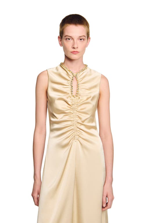Sandro Womens Sand Rhinestone-embellished Ruched Satin Midi Dress