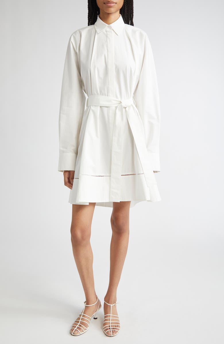 Proenza Schouler Sammy Long Sleeve Belted Stretch Cotton Poplin Shirtdress, Main, color, White
