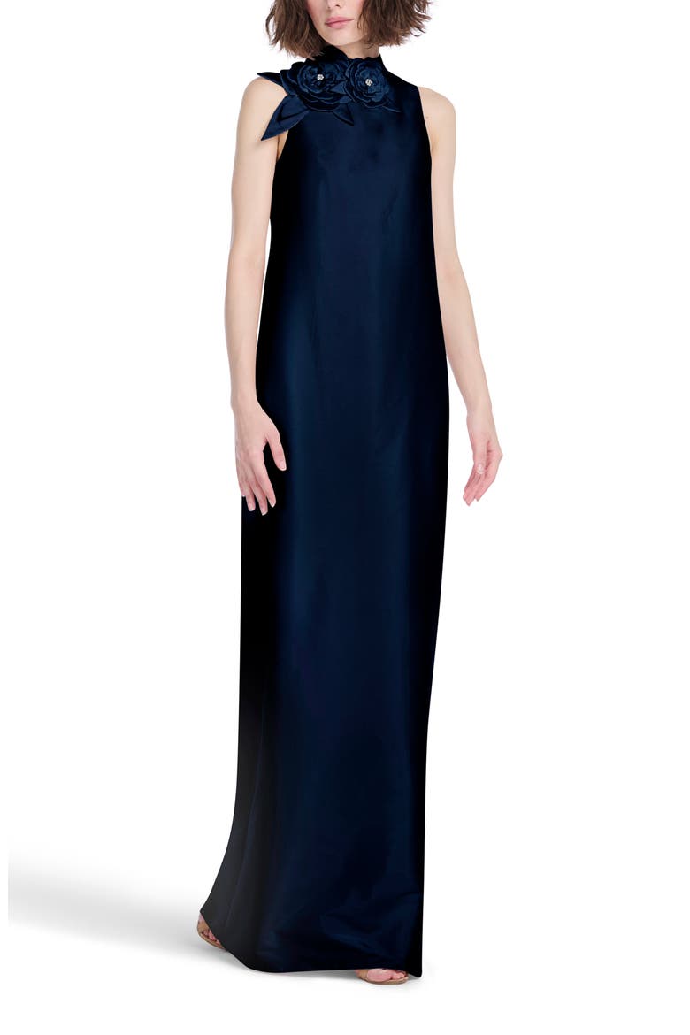 Floral Detail Sleeveless Taffeta Gown, Main, color, NAVY