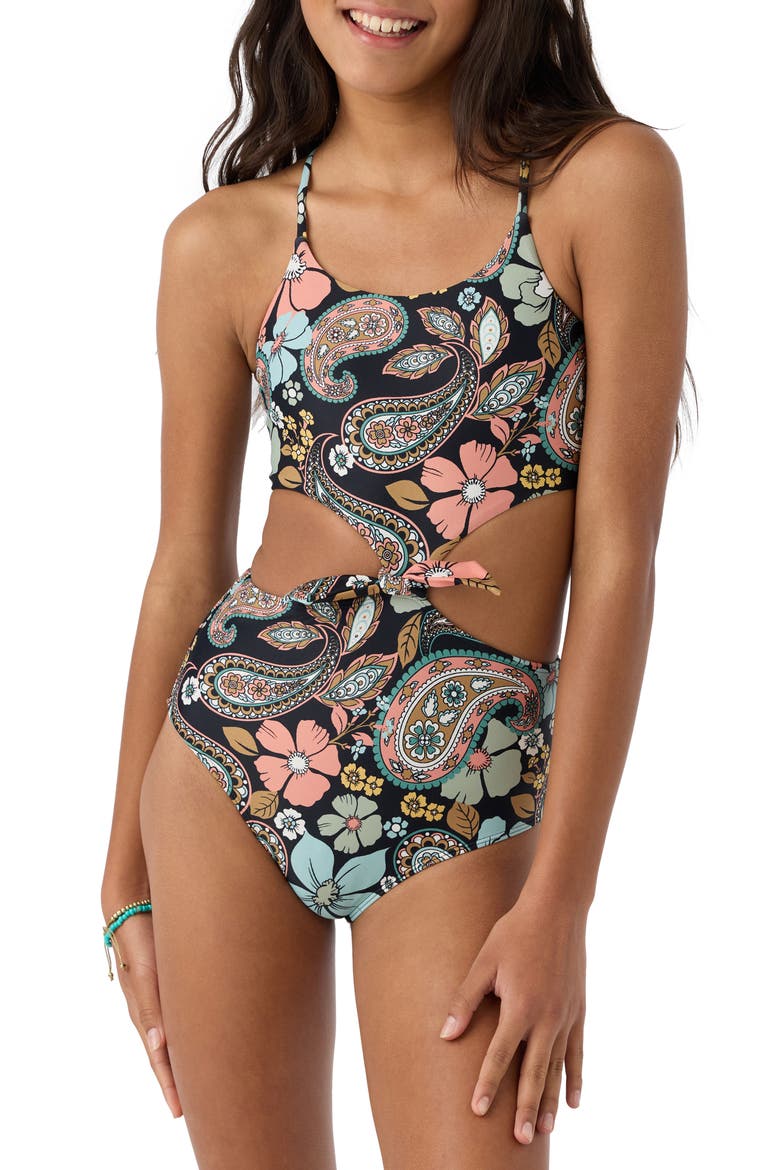 Kids' Mod Boho Knot Front One-Piece Swimsuit, Main, color, BLACK