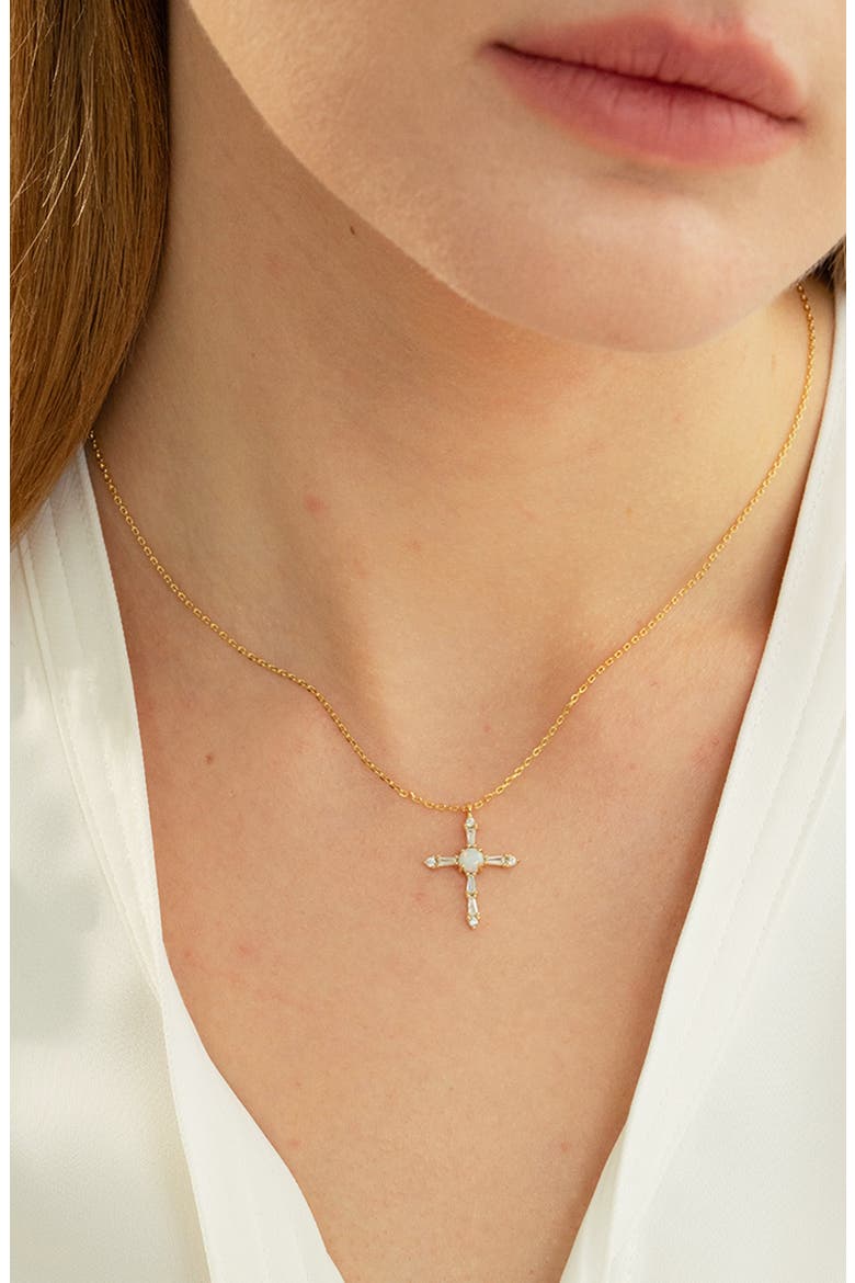 14k Gold Plated Opal Cross Necklace Faith Delicate Sentimental Design, Alternate, color, Gold