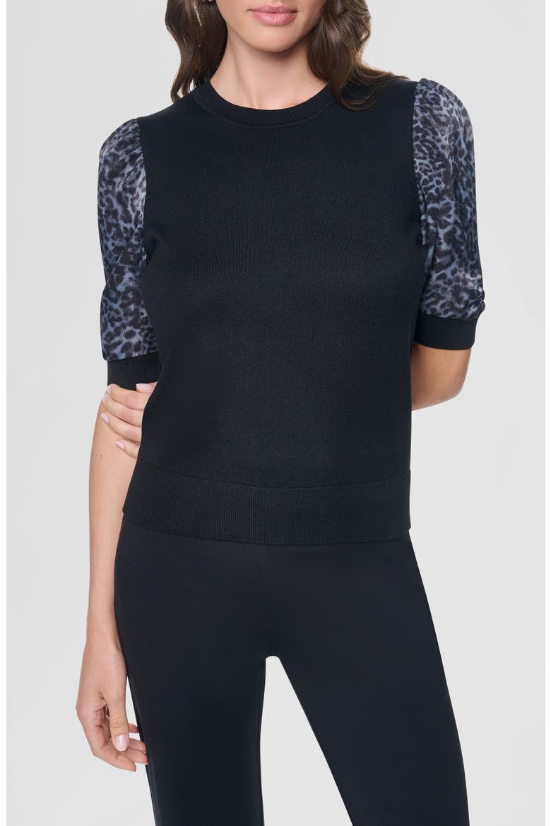 Print Twist Sleeve Mixed Media Sweater, Main, color, BLACK/ MOONLIGHT