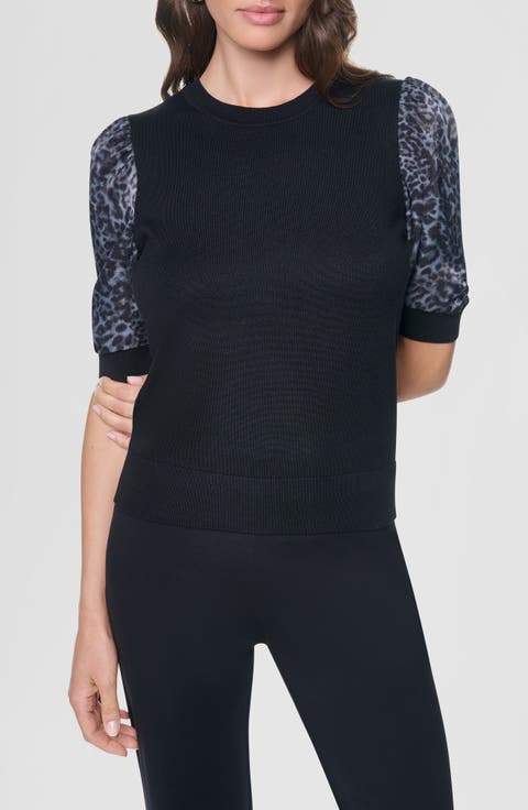 Print Twist Sleeve Mixed Media Sweater