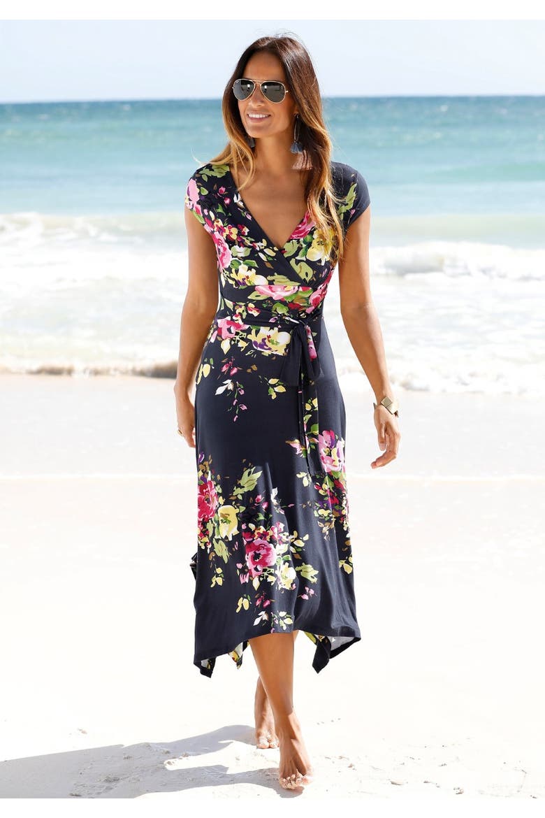 Handkerchief Hem Dress, Alternate, color, Navy Printed