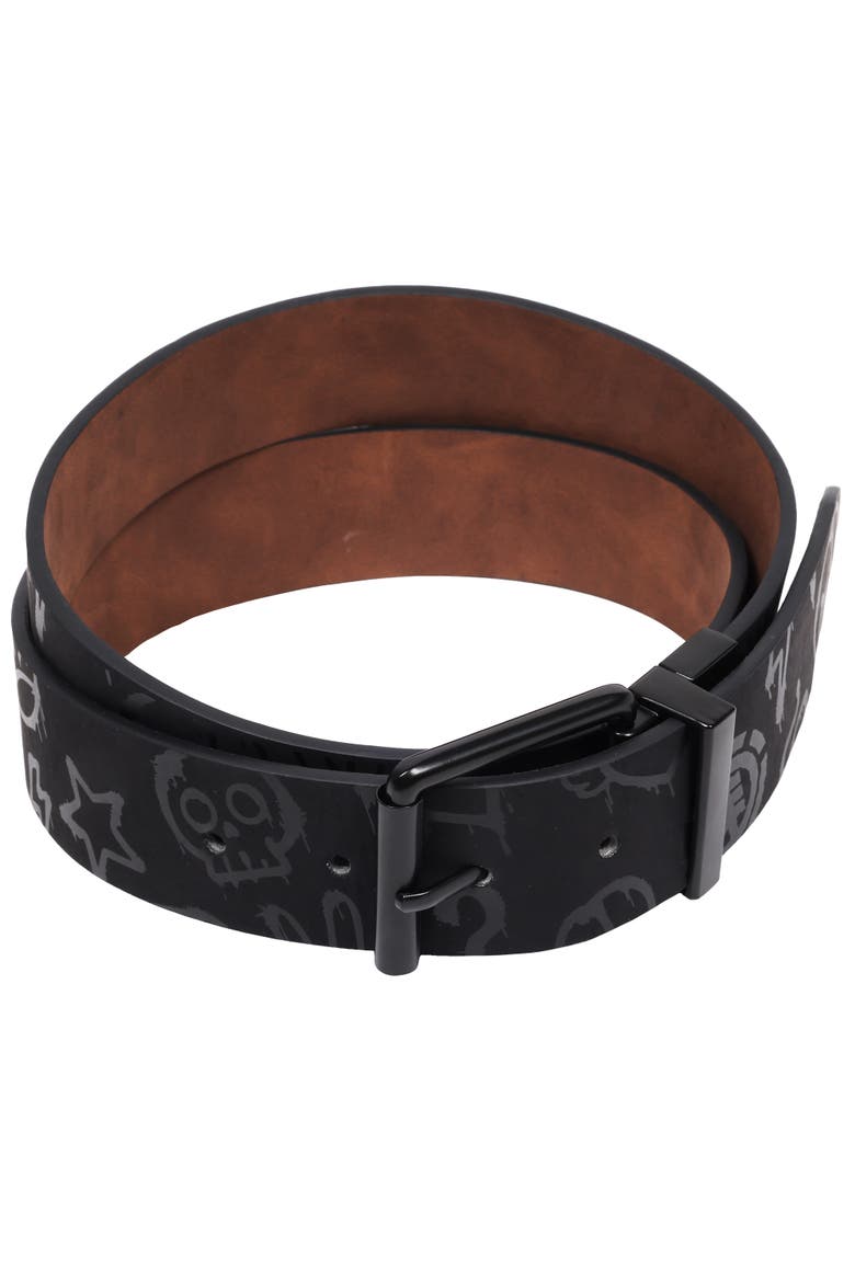 Distressed PU Reversible Belt with Allover Print, Main, color, BLACK