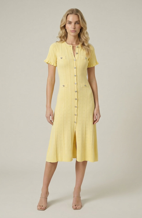 Button Front Knit Short Sleeve Midi Dress