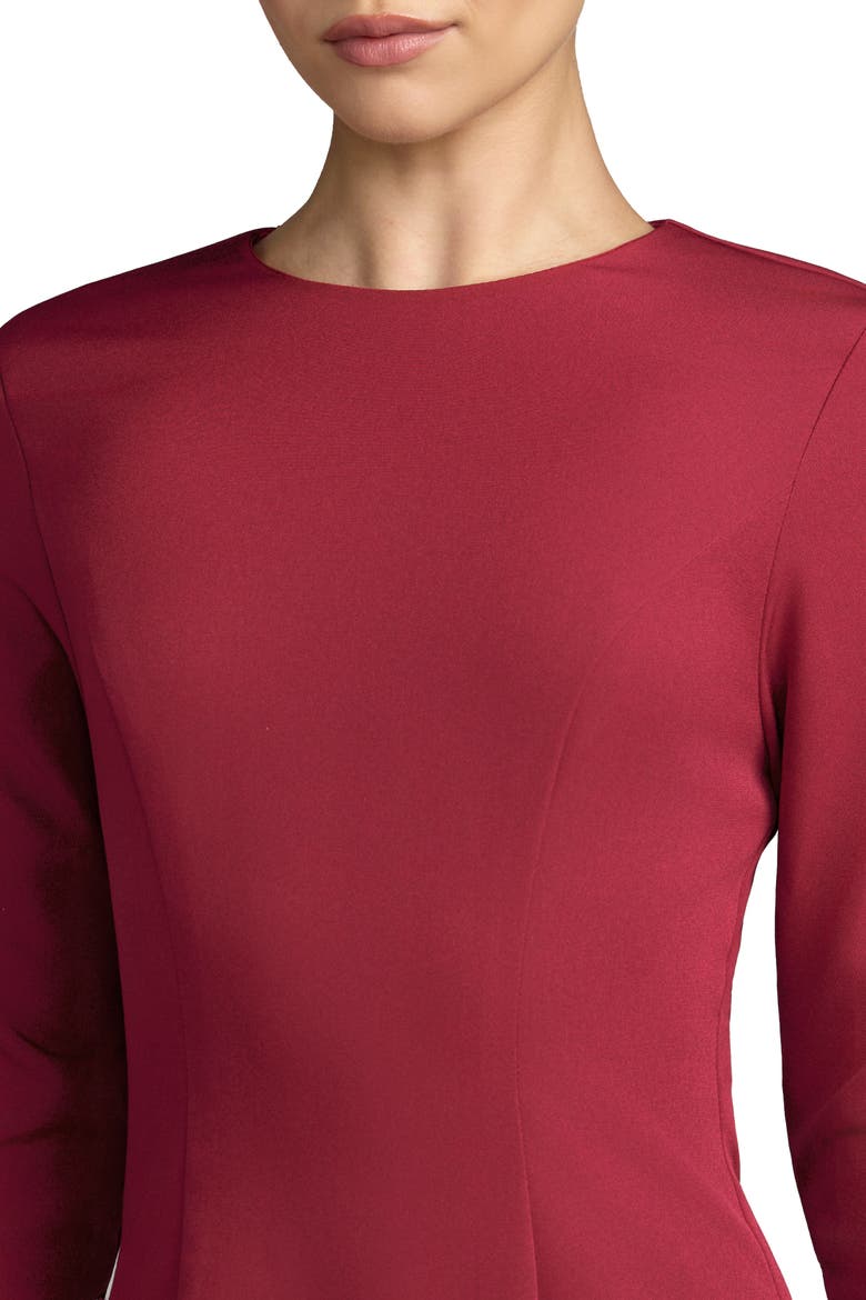 Crepe Long Sleeve A Line Gown With Feather Trim, Alternate, color, Garnet