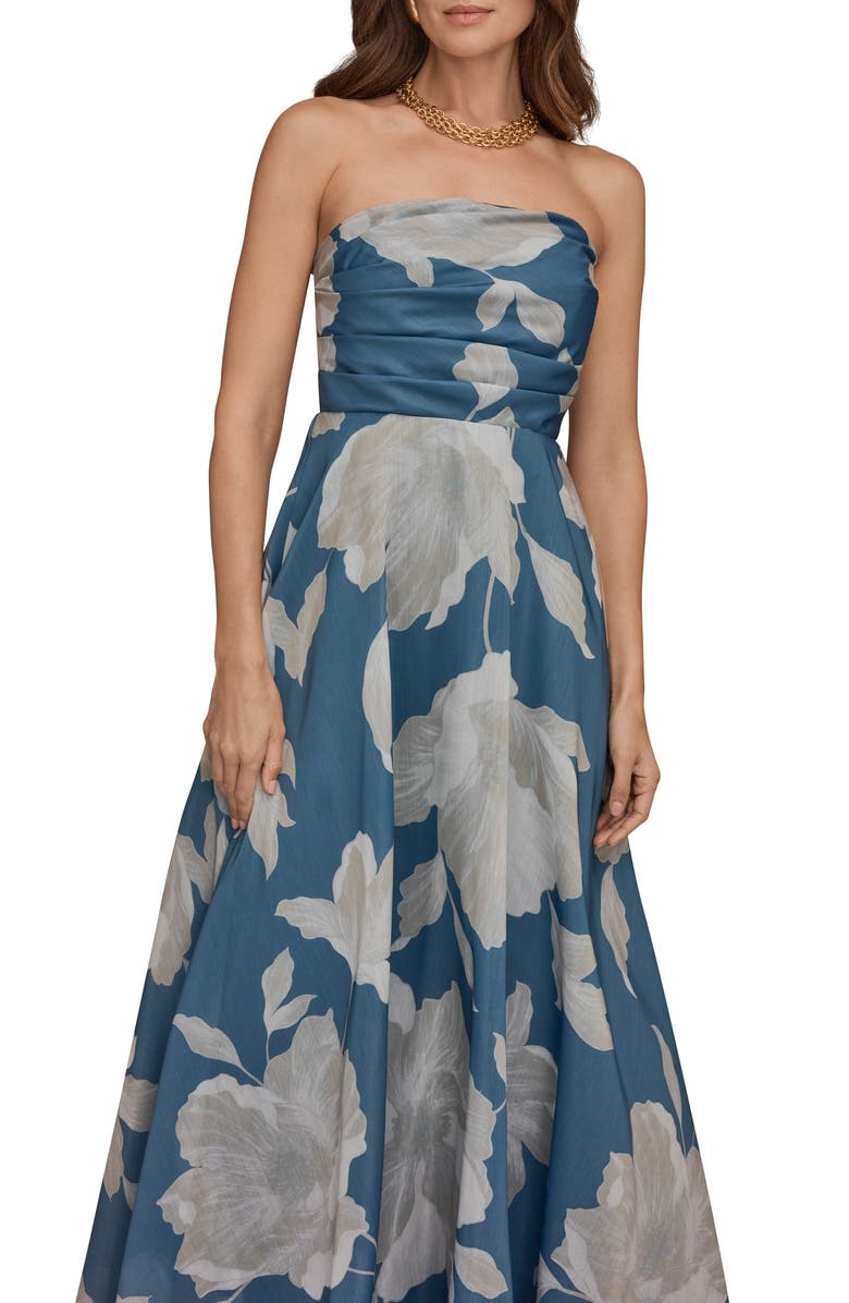 Donna Karan New York Strapless Floral Print Gown, Alternate, color, Washed Indigo/ Cream (Dim)