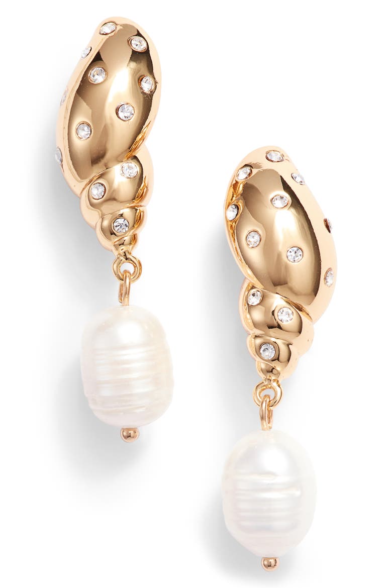 under the sea studded tulip shell & pearl drop earrings, Main, color, CLEAR/ GOLD