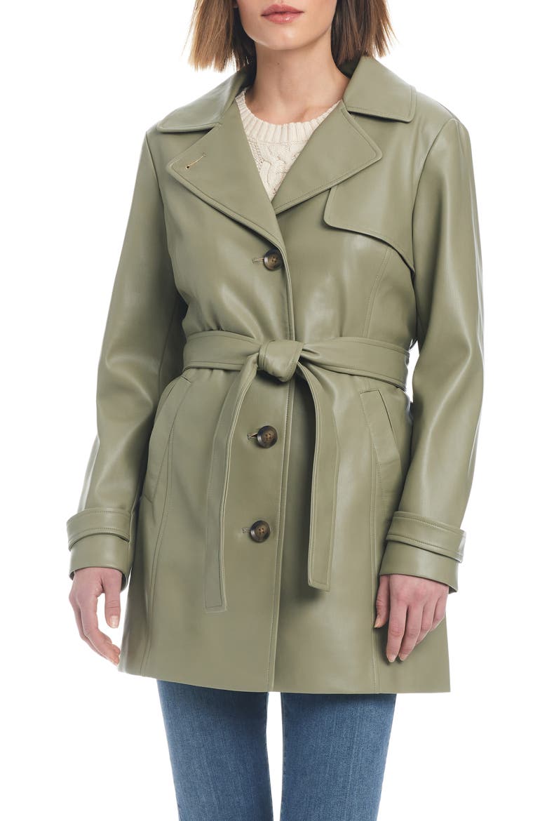 Faux Leather Trench Coat, Main, color, SPRING SAGE