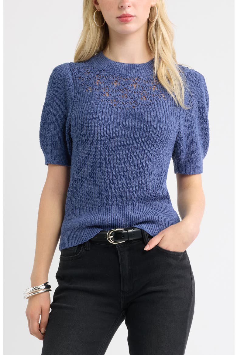 Pointelle Short Sleeve Cotton Sweater, Main, color, BLUE INDIGO