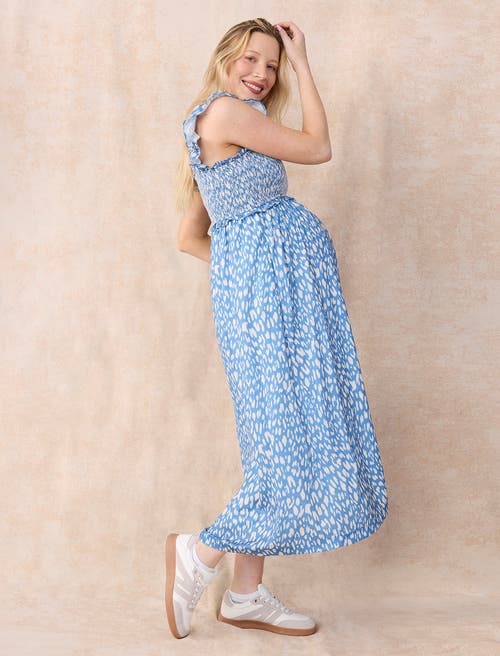 Motherhood Maternity Sleeveless Ruffle Shoulder Smocked Maxi Dress In Blue