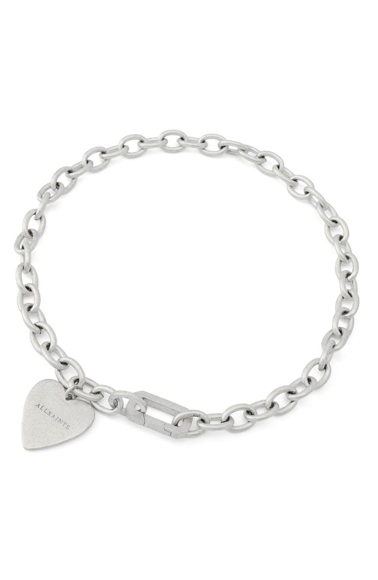 AllSaints Heart Charm Chain Link Necklace, Alternate, color, Warm Silver