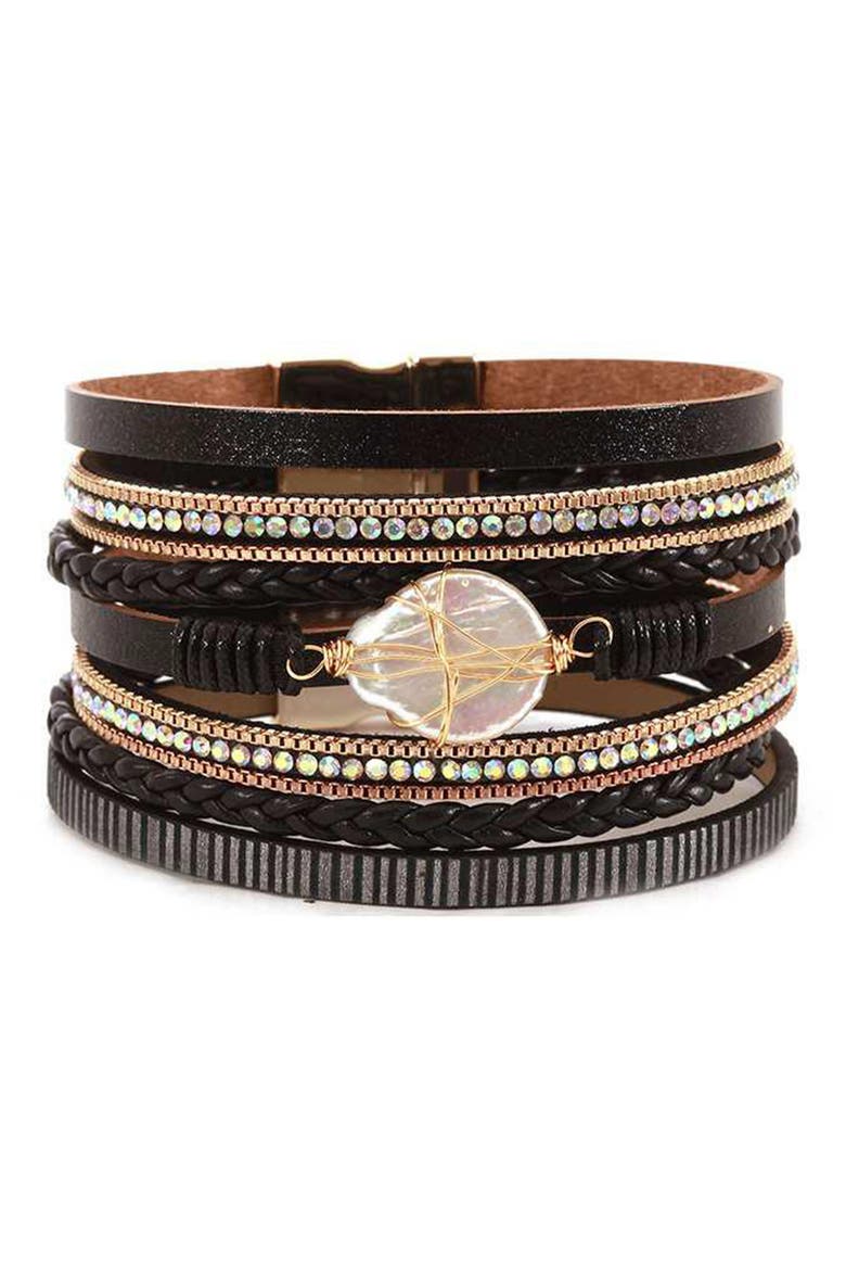 Faux Leather Layered Wire Wrapped Crystal Bracelet, Main, color, BROWN