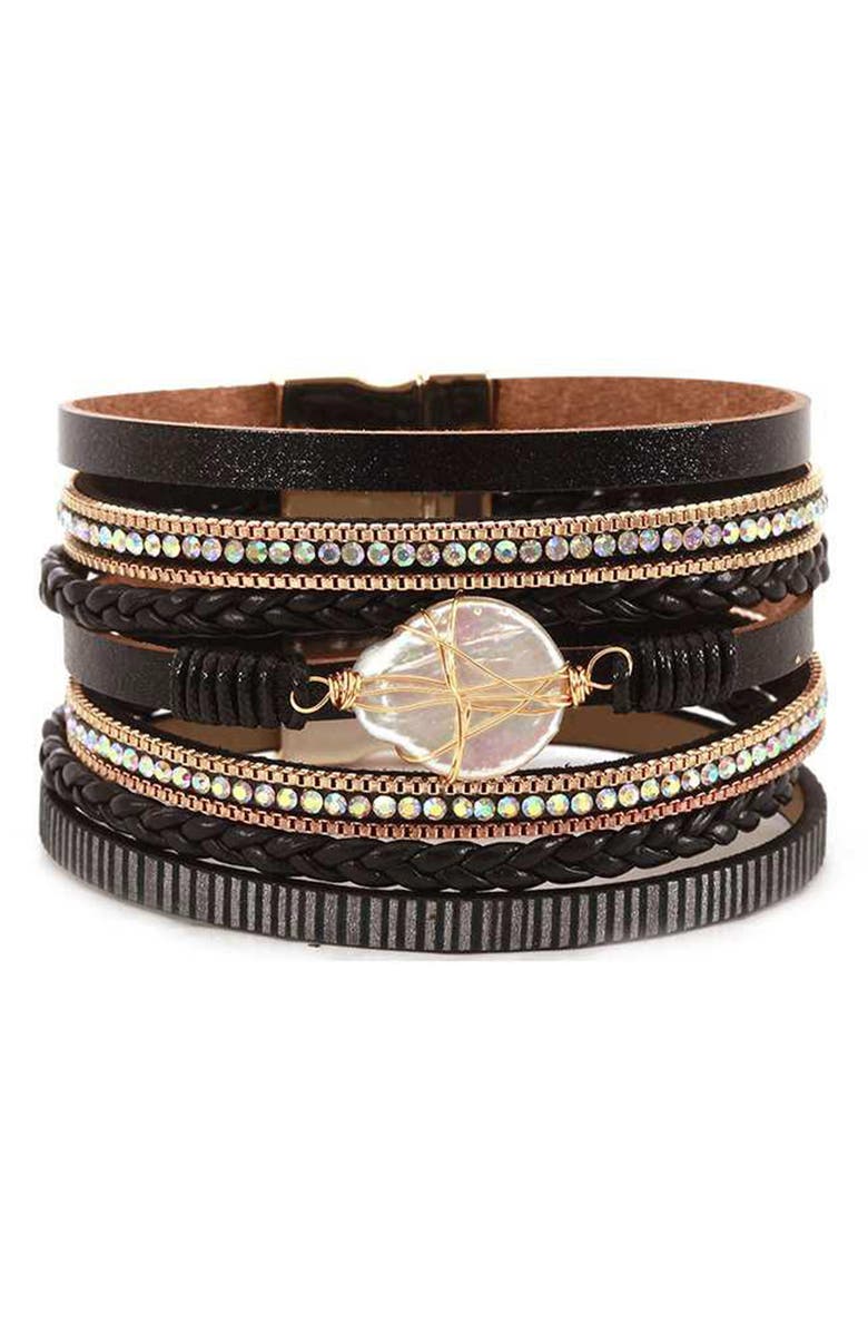 OLIVIA WELLES Faux Leather Layered Wire Wrapped Crystal Bracelet, Main, color, 